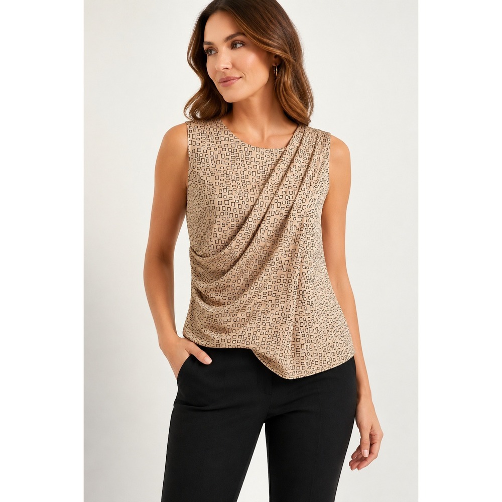 Ann Taylor Sleeveless Draped Blouse 10 Tan Black Geometric Square Print Office